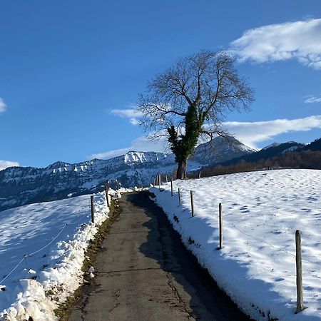 Herrlicher Blick auf Berge und See Faulensee Exterior foto