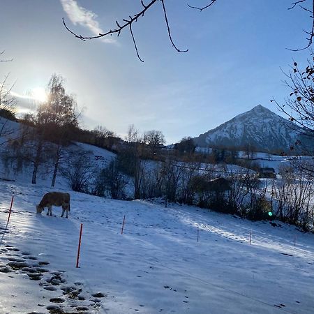 Herrlicher Blick auf Berge und See Faulensee Exterior foto